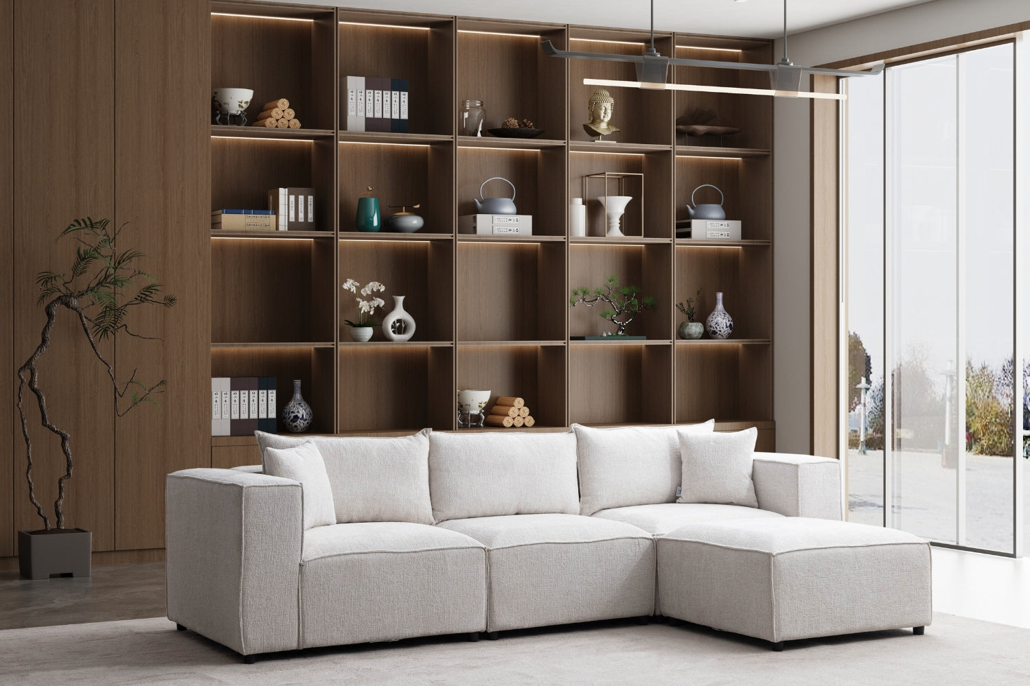 Canapé Elégance Chenille Modulable Blanc cassé 3+1 Pouf