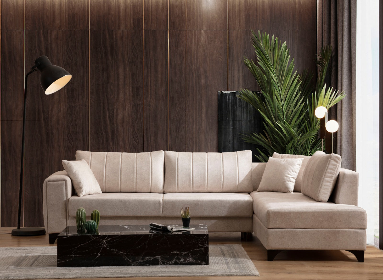 Canapé Paola Velours Beige Angle Droit