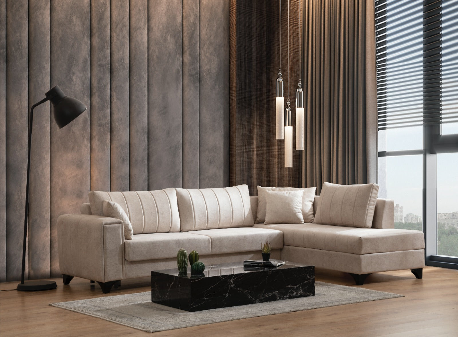 Canapé Paola Velours Beige Angle Droit