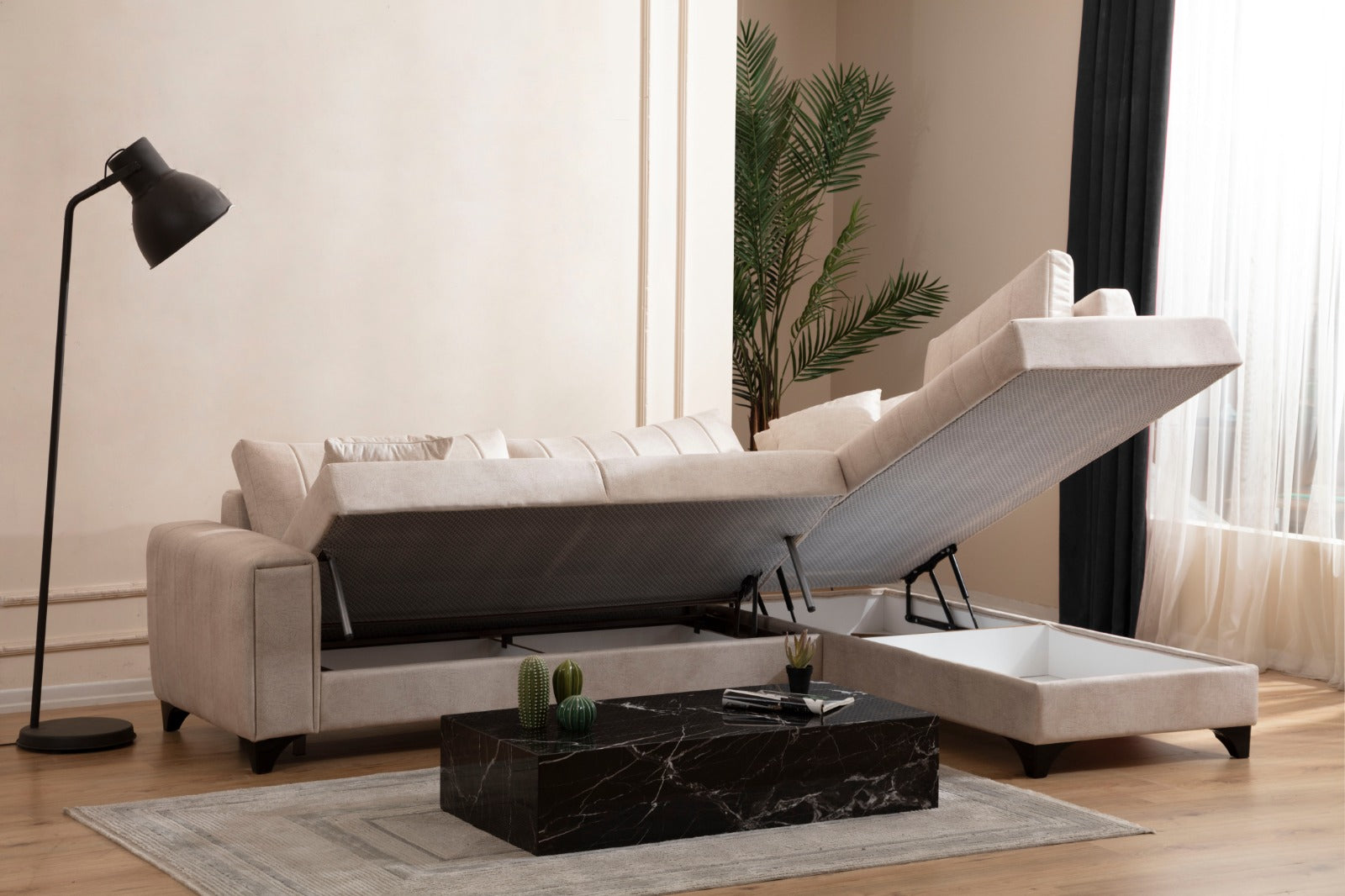 Canapé Paola Velours Beige Angle Droit