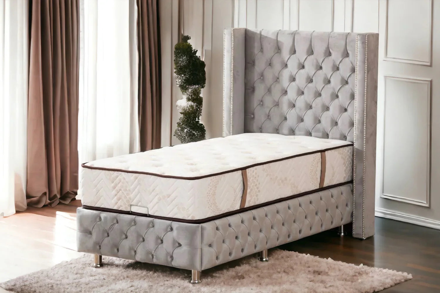 Lit Coffre Enfant CLOUTE Velours Gris